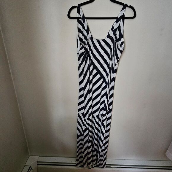 Raindrops Maxi Dress V-Neck Blue White Stripes Strapless Casual Vacation Neutral - Picture 6 of 11